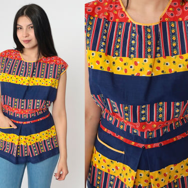 70s Colorful Patchwork Top Vintage Sleeveless Striped Paisley Open Back Belted Tunic Blouse 1970s Yellow Red Navy Blue Calico Pleat Medium 