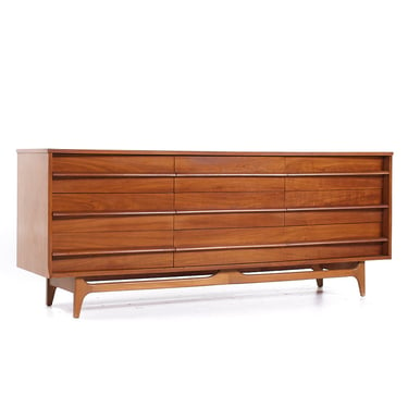 Young Manufacturing Mid Century Walnut Curved Lowboy Dresser - mcm 