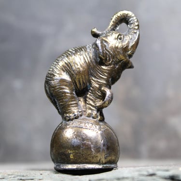 Lucky Elephant on Ball | Miniature Metal Figurine | Gold Toned/Brass | Circus Elephant 