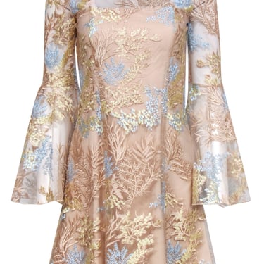 Jay Godfrey - Tan Multicolor Floral Embroidered Bell Sleeve Dress Sz 6