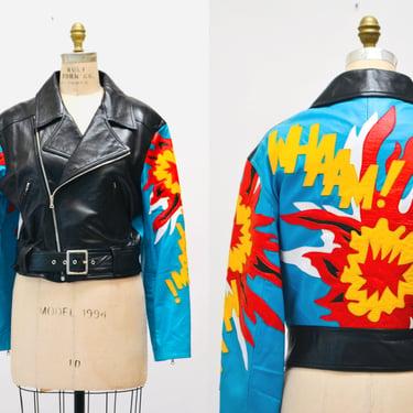 90s Vintage Comic Black Leather Motorcycle Jacket North Beach Michael Hoban//  "WHAAM!" Vintage Black Blue Leather Jacket Comic Medium Large 