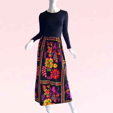 Step into a World of Psychedelic Beauty: 1970s Vintage Tribes Neon Bold Flower Power Maxi Dress 