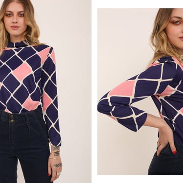 Vintage 1970s 70s Navy Pink Geometric Square Print High Neckline Full Length Sleeve Zip Up Blouse 
