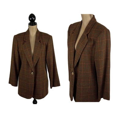 90s Brown Plaid Blazer Large, Oversized Wool Blend Fall Tweed Jacket, Shoulder Pad Single Button, 1990s Clothes for Women Vintage SAG HARBOR 