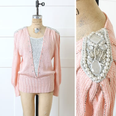 vintage 1980s 90s beaded sweater • light pink rayon chunky knit pullover with blinged out shoulders 