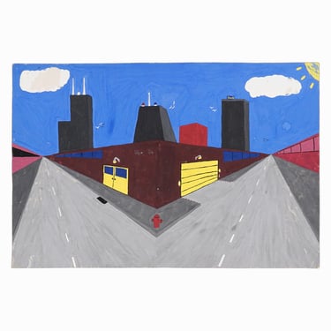 Mid-century Gouache Painting on Paper Art Class Chicago Skyline 