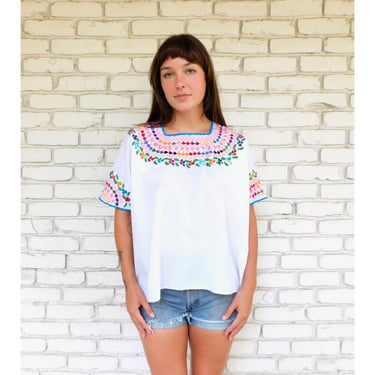 Hand Embroidered Mexican Blouse // vintage huipil rainbow white cotton boho hippie Mexican hand embroidered dress hippy tunic // O/S 