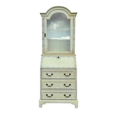 Vintage Faux Bamboo Secretary Desk with Hutch by Jasper Cabinet - Lighted Glass Bookcase, Skeleton Key, Hollywood Regency Chinoiserie Style 