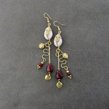 Cowrie shell earrings, brass Art Deco dangle earrings 