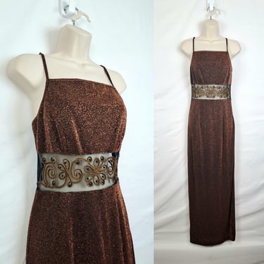 Vintage 90s Bronze & Black Midriff Prom Dress, Size Small 