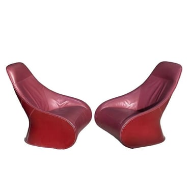 Pair Red Leather Zanotta Derby Arm Chairs by Noe Duchaufour Lawrance, Italy