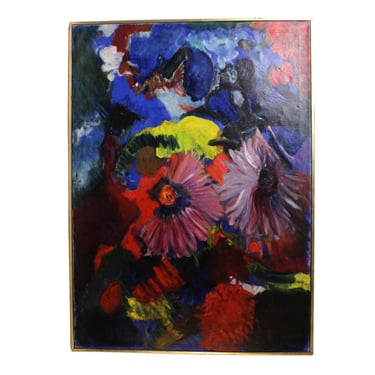Vintage Mid Century Modern Abstracted Expressionist Floral Oil Painting