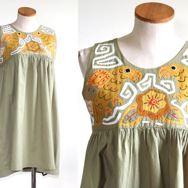 Vintage Embroidered Appliqué Mola Cotton Babydoll Sundress - Small 
