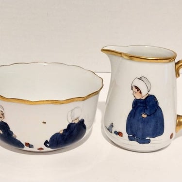 Vintage Hand Painted Porcelain Monogrammed Baby Bowl & Mini Pitcher Set 