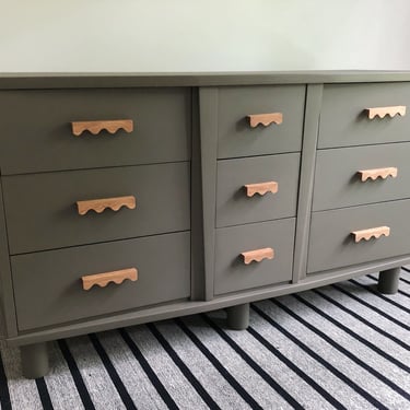 Refinished 9 drawer green organic modern dresser with wavy oak pulls-SHIPPING NOT FREE 