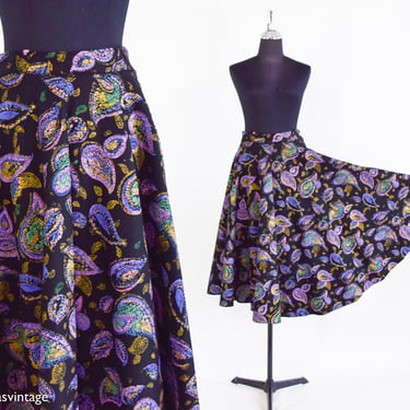 1950s Black Wool Felt Circle Skirt | 50s Black & Purple Gold Print Wool Felt Swing Skirt | Small 