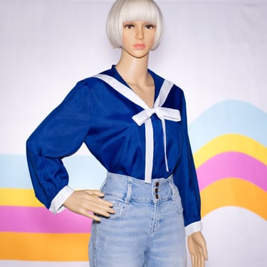 Vintage 1970s Dark Blue Sailor Blouse | Medium | 19 