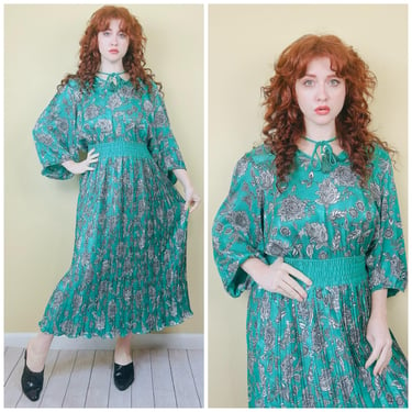 1980s Vintage Diane Freis Green Floral Puffed Sleeve Dress / 80s Smocked Waist Pleated Skirt Midi Dress / XL 