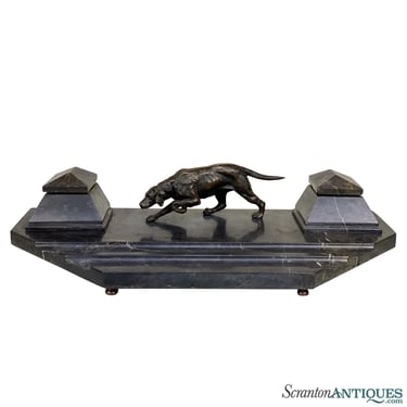 Antique Traditional Bronze & Marble Hunting Dog Motif Library Desk Inkwell