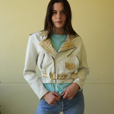 Leather 1980's White Leather Motorcycle Jacket / Studded and Rhinestones Moto Jacket 