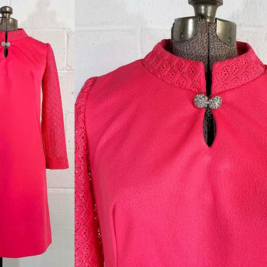 Vintage Pink Shift Dress Fluorescent Day Glo Twiggy Long Sleeves Sleeve Lace Scooter Michael's Shamokin PA 1960s Small XS 