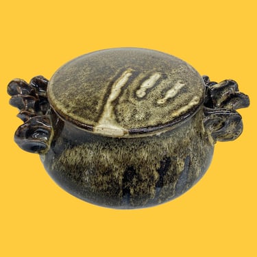 Vintage Brutalist Pot with Lid Retro 1960s Mid Century Modern + Handmade + Brown and Beige + Pottery/Ceramic + MCM Kitchen + Covered Crock 