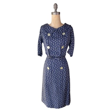 1950s navy blue polkadot wiggle dress 