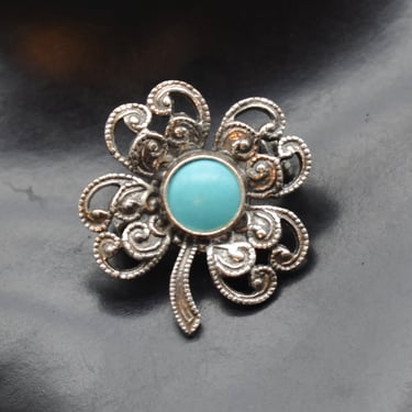 50's stamped metal faux turquoise shamrock scatter pin, ornate silver & blue lucky four leaf clover brooch 