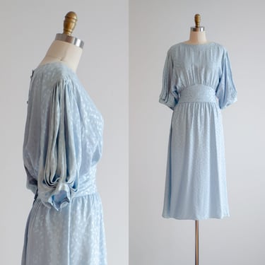 blue silk dress 80s vintage Cadaz pastel silk jacquard puff sleeve midi dress 