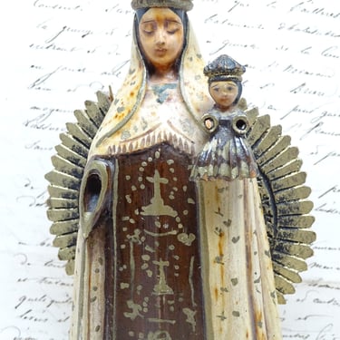 Vintage Virgin Mary with Baby Jesus Santos, Hand Carved Hand Painted Our Lady Statue, Madonna Religious  Mexican Church Folk Art 
