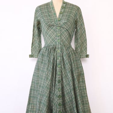 1950s Ivy Plaid Silk Button Dress XS