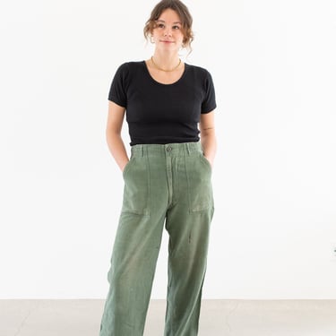 Vintage 30 Waist Olive Green Army Pants | Unisex Utility Fatigues Military Trouser | Zipper Fly | F478 