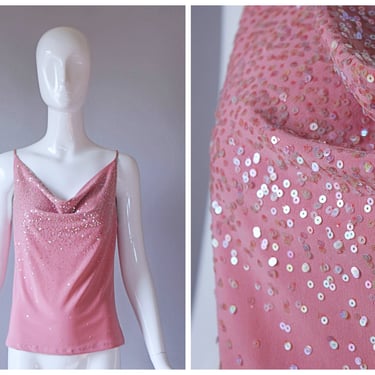 Vintage Y2K TOTO Pink Drape Neck Sequin Stretch Top | retro 90s 1990s 2000s | 