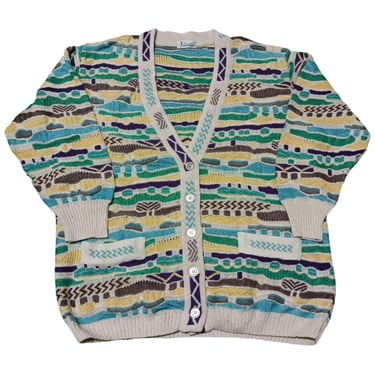 Vintage 90's Coogi Style Cardigan Sweater for men | 3D Colored | Cable Knit Sweater | Textured Stripe Pattern | Size M 