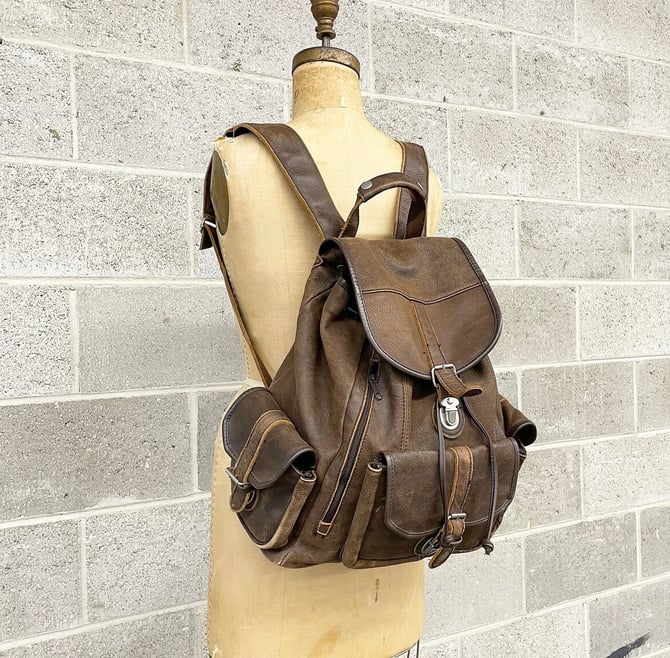 Vintage 80s Brown Backpack Leather Trim Rucksack Sling Bag By Capezio