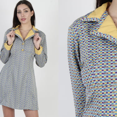 1970s Mod Checkered Scooter Dress, Disco Secretary Style Outfit, Butterfly Wing Collar, Vintage 70s Fit N Flare Mini Dress 