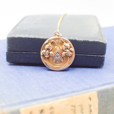 Antique 9kt Gold Art Nouveau Iris Locket with Diamond | Edwardian Round Photo Locket 