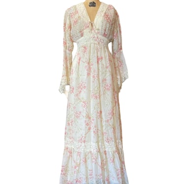 1970s prairie dress, cottagecore, vintage maxi dress, medium, smocked cotton, pink floral, hankie sleeves, gunne sax style, peasant, boho 