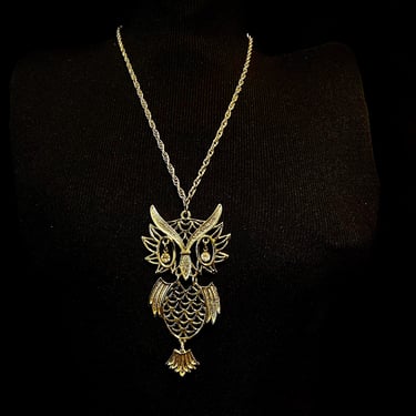 vintage owl necklace 1970s segmented pendant and chain 