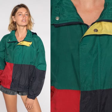 Color Block Windbreaker Hooded 80s Zip Up Jacket Green Red Blue Yellow Hoodie 90s Sportswear Vintage Retro Hood 1980s Streetwear Large L 