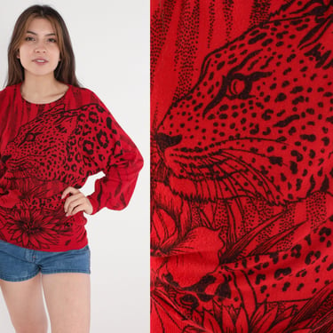 Leopard Print Sweater 80s Dolman Sleeve Animal Print Sweater Red Slouchy Knit 1980s Pullover Vintage Batwing Cheetah Jumper Extra Small xs 