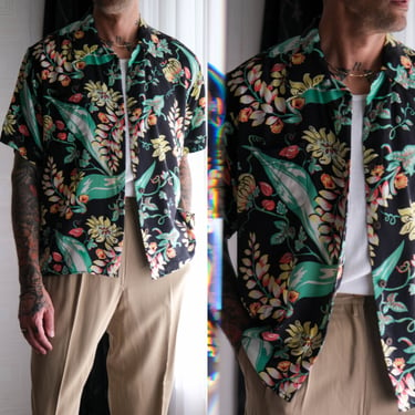 Vintage Avanti Hawaiian Black Silk Atomic Age Floral Print Loop Collar Shirt | 100% Silk | Size Large | Y2K Does 1950s Designer Aloha Shirt 