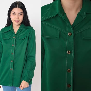 70s Green Shirt Button Up Disco Top Mod Blouse White Topstitch Long Sleeve Wing Collar Retro Collared Plain Preppy Vintage 1970s Medium M 