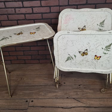 Set of 4 White Metal Butterfly TV Trays with Storage Rack 