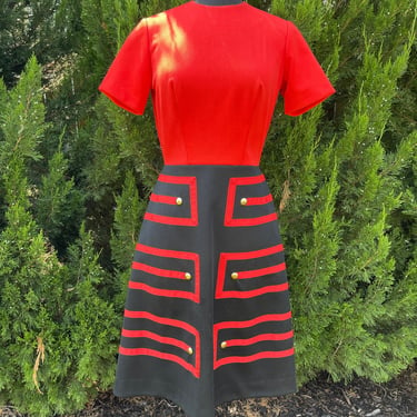 1970s Toni Todd Geometric Red & Black Dress 