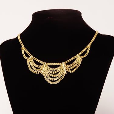 Vintage Peru 14K Yellow Gold Festoon Necklace, Double Spiral Rope Chain, Draped Gold Bib, Elegant 585 Necklace, Made In Peru, 17 1/4&quot; L 