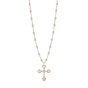 16.5" Classic Petite Lace Cross Necklace - Aqua + Yellow Gold