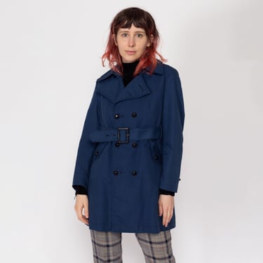 Petite XS 70s Mod Navy Blue Belted Jacket | Vintage Retro Double Breasted Short Trench 