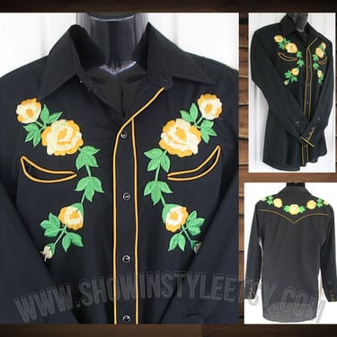 Vintage Western Men's Cowboy and Rodeo Shirt by Karman, Black with Embroidered Yellow Flowers, 16-34, Approx. Large (see meas. photo) 
