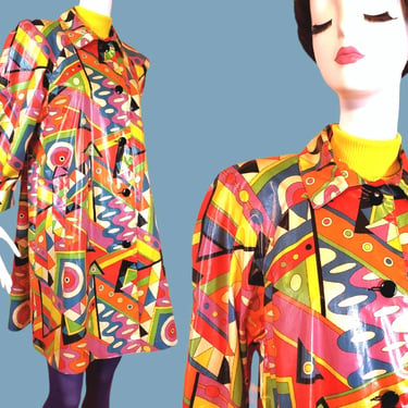 Vintage mod raincoat. Abstract geometric OP ART new wave vibrant colorful slicker 80s 60s. (XXL) 